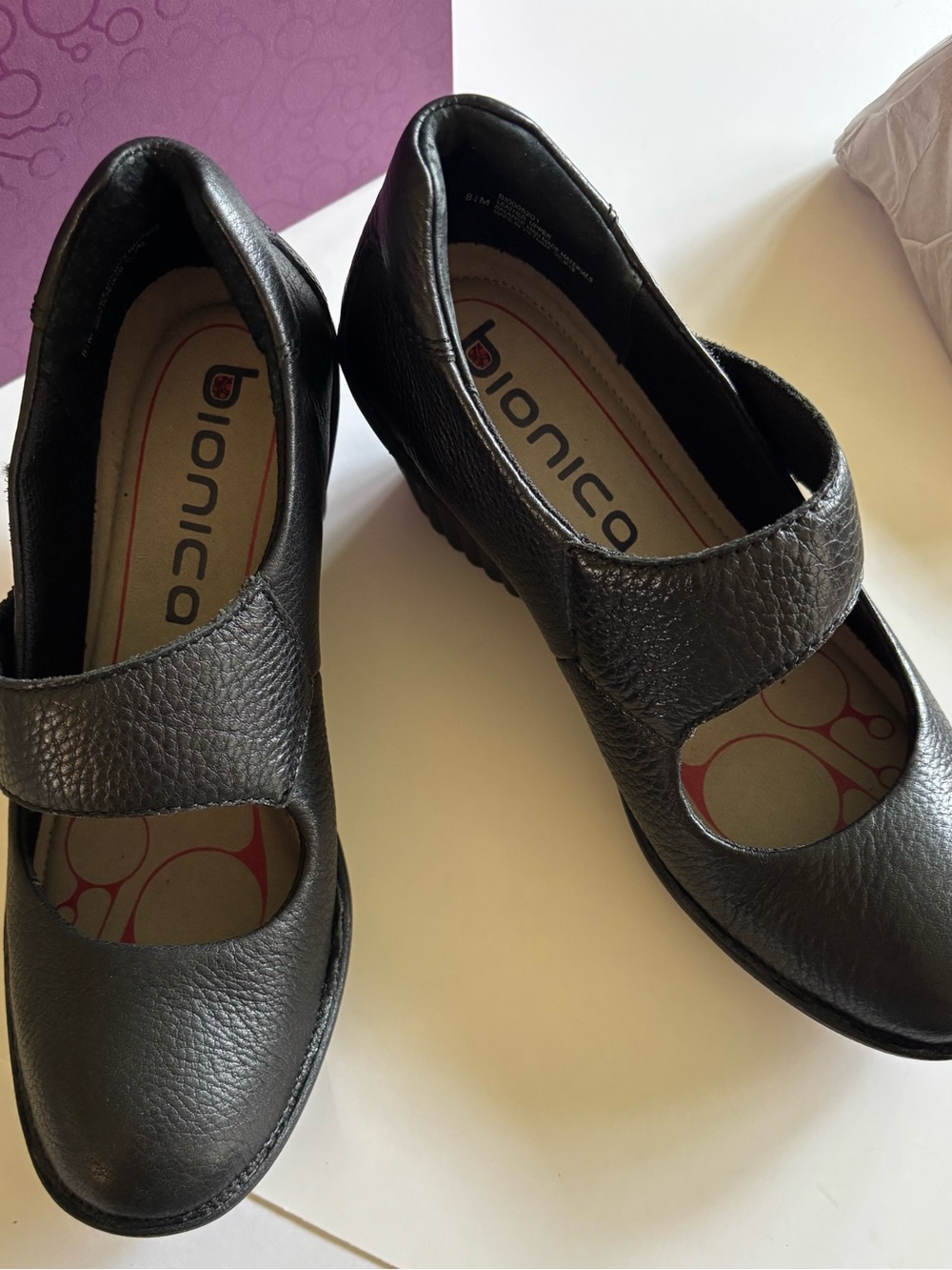 Black Leather Mary Jane Shoes Bionica with invisible Velcro Straps